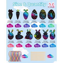 Easter Scratch Art Egg Decorations Papers 48 Pcs - Easter Crafts Rabbit Bunny Carrot Egg Rainbow Magic Scratch Painting for Kids, Essentials Easter Party Bag Fillers with 12 Wood Stylus & 48 Ribbons