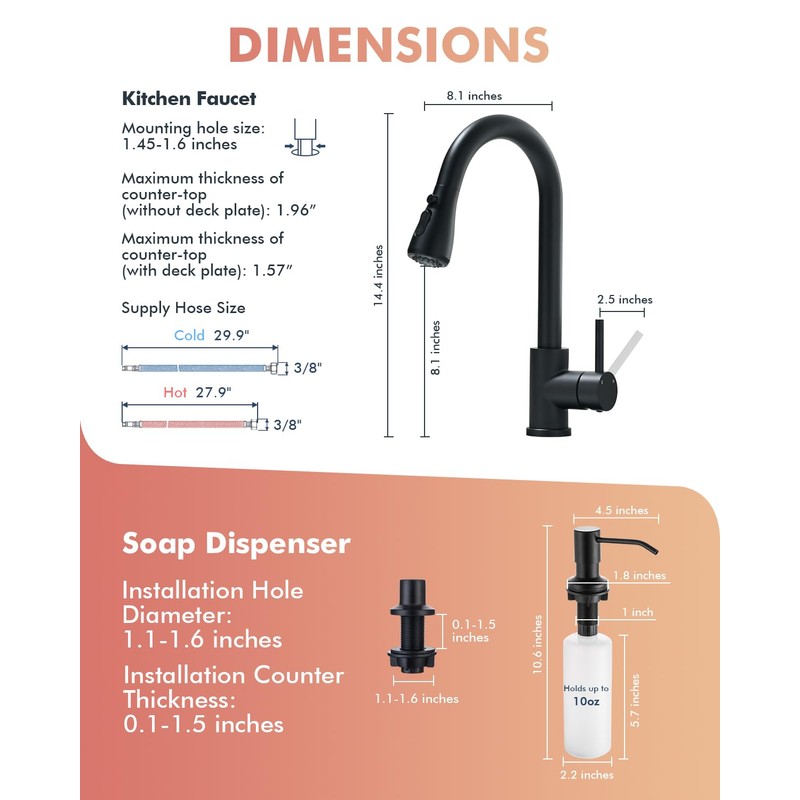VFAUOSIT Black Kitchen Faucet with Soap Dispenser, 3-Mode Kitchen Sink