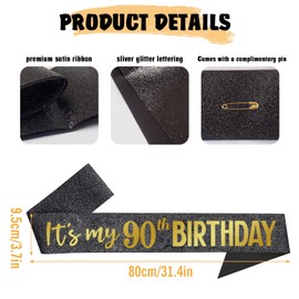 It's My 90th Birthday Sash Black Gold Glitter Happy 90th Birthday Party Supplies for Women Man Party Accessories 90 Years Old Party Decorations