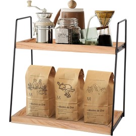 Aolawco 2 Tier Coffee Station Organizer for Countertop, Coffee Bar Accessories and Organizer, Coffee Condiment Storage, Wooden Counter Shelf Organizer for Kitchen, Bathroom, Office - Brown