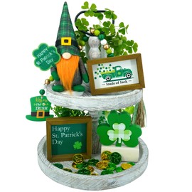 KnomeKo St Patricks Day Decorations Farmhouse St Patricks Tiered Tray Decor Green Plaid Gnomes Plush Shamrock Wooden Sign Bead Garland Happy Saint Patricks Decoration for Home