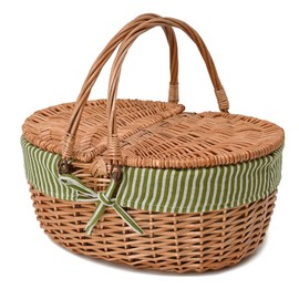 Wicker Picnic Basket with Lid and Handle Sturdy Woven Body with Washable Lining,Green Stripe