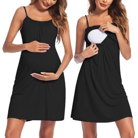 Ekouaer Maternity Nursing Nightgown Cami Double Layers Breastfeeding Sleep Dress Nightie Black S