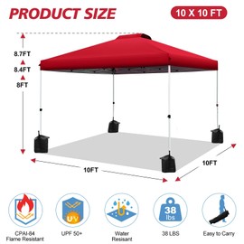 WEIZE 10x10 pop up Canopy Tent, One-Button Push Setup, Adjustable Height pop up Gazebo, Instant Portable Shelter, 4 Weight Bags, Sun Shade for Events & Camping, Silver Coated Top,Red