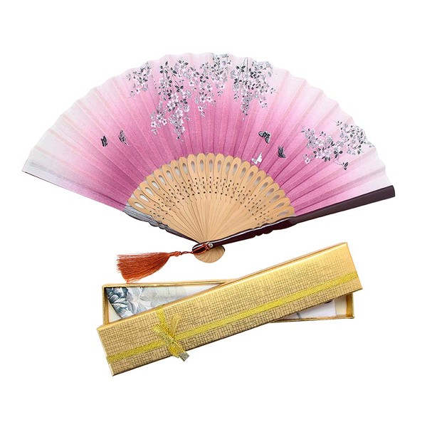 Boshiho Japanese-Style Folding Fan, Stylish, Pure Silk, Dance, Floral Pattern,