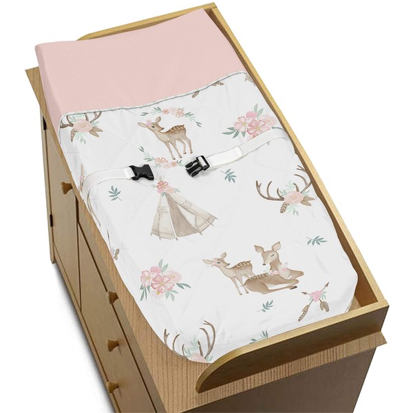 Sweet Jojo Designs Blush Pink, Mint Green and White Boho Changing Pad Cover for Woodland Deer Floral Collection