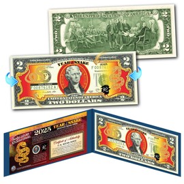 2025 Chinese Lunar New Year Year of The Snake Gold Hologram Colorized Two Dollar Federal Reserve Note Collectible Blue Display Holder and Certificate