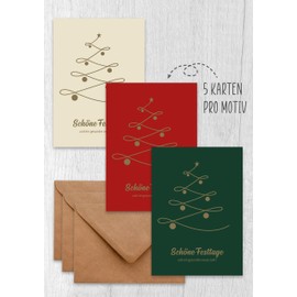 Christmas Cards with Envelope (Set of 15) Tree Mix - High Quality Modern Folding Cards & Envelopes (Kraft Paper) - Partial Gold Lacquer - Unique Design