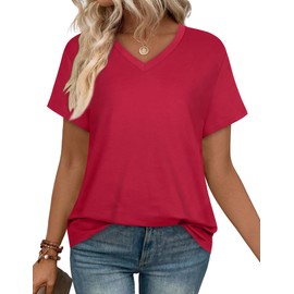Womens T Shirts V Neck Short Sleeve Summer Tops Casual Basic Tees, Solid Red, 3XL