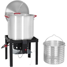 Garvee Crawfish Boiler with Steam/Boil Basket & Strainer, 110000BTU Propane Jet Burner with Support Rack & Lifting Hook, 0-10 PSI Regulator, Outdoor 80 Qt Seafood Boil Pot for Cooking Shrimp and Crab