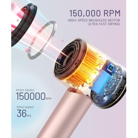 Hair Dryer - 150000 RPM High-Speed Brushless Motor Negative Ionic Blow Dryer for Fast Drying, Low Noise Thermo-Control Hair Dryer with Diffuser and Nozzle, Pink