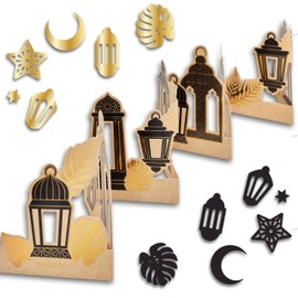 Papierdrachen Ramadan Table Decoration - Table Garland to Stand Up - with Elegant Motif Lanterns Black Gold and Includes Table Confetti - Gold Foiled - Eid Mubarak - Sugar Festival