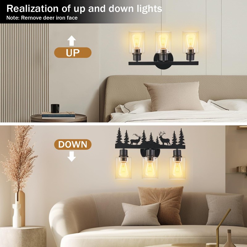Rustic Bathroom Light Fixtures, 3-Light Farmhouse Vanity Lamp with Deer