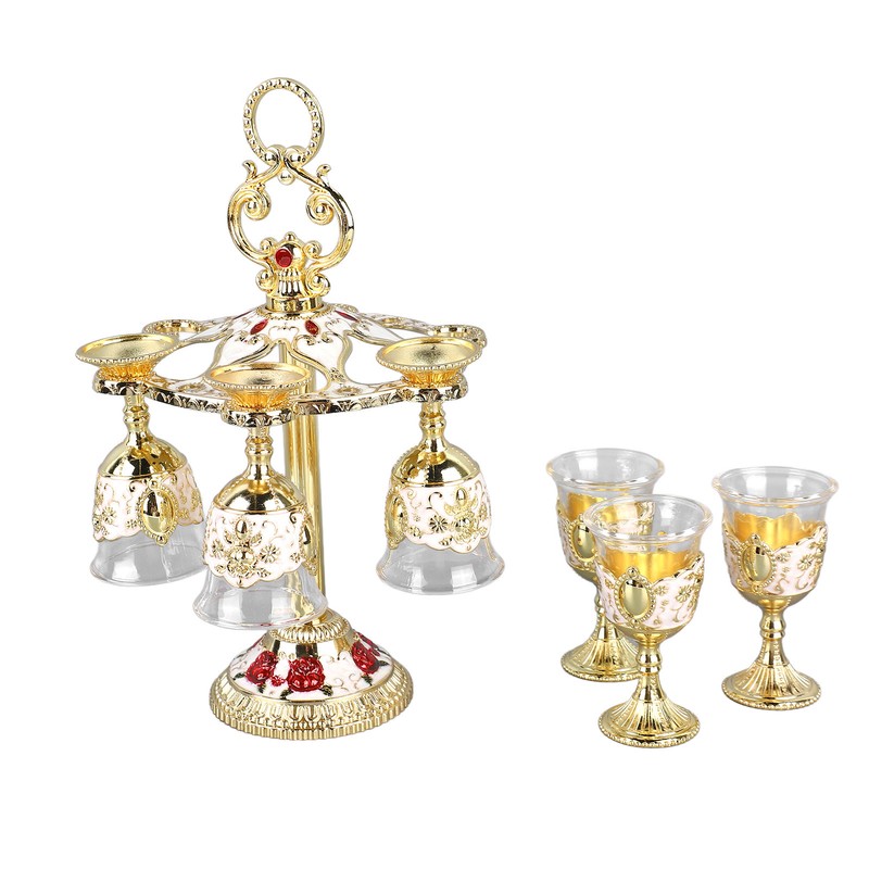 6Pcs Chinese Chalice Retro Style Zinc Alloy Glass Embossed Flower