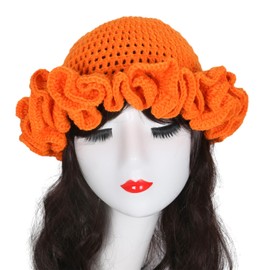 Kamonda Handmade Crochet Bucket Hat for Woman Teen Outdoor Commute Fisherman Hat Ruffled Brim Winter Windproof Carnival Hat, Approx. 56-58cm/ 22.05-23.23in, Orange