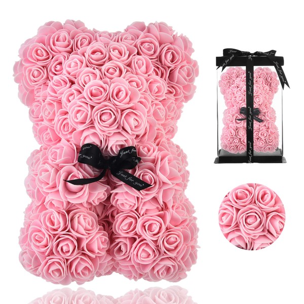 Rose Bear - Rose Teddy Bear on Every Rose Bear -Flower Bear Perfect for Anniversary's - Clear Gift Box Included! 10 Inche (Light Pink)