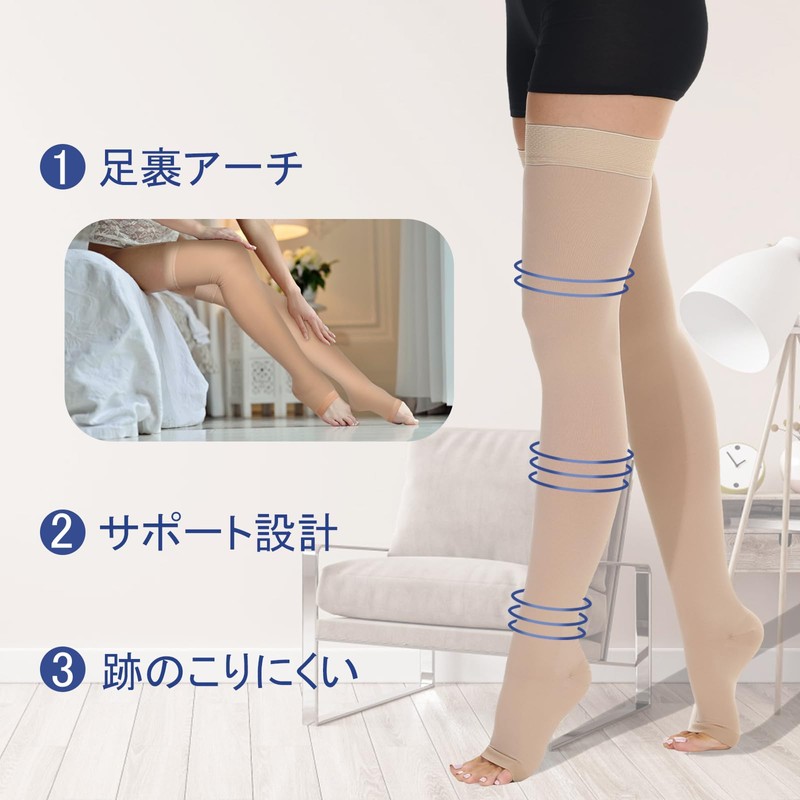 Beister Compression Socks, Open Toe, Thigh Length, 0.8 - 1.2