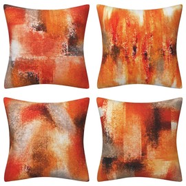 QUALKNOY Velvet Orange Cushion Covers 45x45cm Set of 4 Modern Abstract Art Decorative Throw Pillow Cases 18x18 inches for Living Room Sofa Garden Outdoor Courtyard Decor Pillowcases