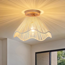 Zswanbei D12.5 Inch Boho Light Fixtures Flush Mount Mini Chandelier Woven Rattan Ceiling Light Fixture for Bedroom Hallway Bathroom Nursery Room