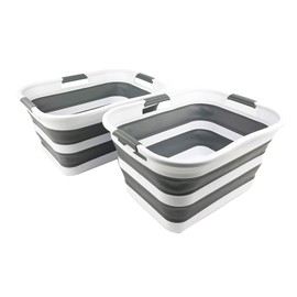 SAMMART 30L (8 gallons) Collapsible Plastic Laundry Washing Tub/Basket - Portable Laundry Hamper/Storage Container Foldable Laundry Basket - Space Saving (White/Steel Grey (Set of 2))