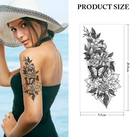 URAQT Temporary Tattoos, 8 Sheets 3D Extra Large Waterproof Sexy Flowers Fake Tattoo Kits, Arm Neck Face Temp Tattoo Temporary Tattoos Sticker for Women and Men, Black Halloween Fake Tattoos