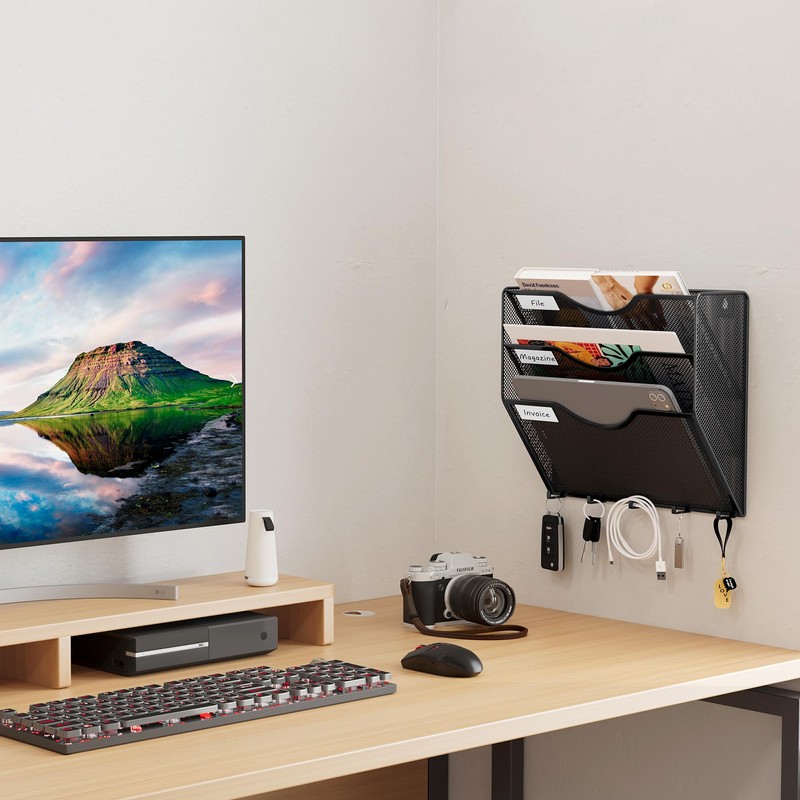 EasyPAG 3 Pocket Mesh Wall File Organizer with Key Hooks,