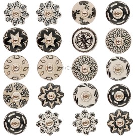 Shah Crafts. Ceramic Door Knobs Set of 12 Black and White Premium Quality Assorted Flower Designs Handmade for Interior Furniture Cabinet Cupboard Wardrobe Drawers Pulls Handles