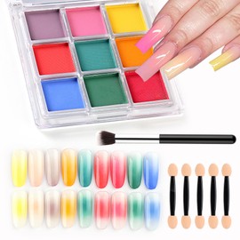 FSpronail Gradient Powder Set - 9 Colors Nail Pigment Palette for Nail Art, Solid Neon Pigment Gradient Nails - Includes 5 Sponge Sticks 1 Brush - Ideal for Beginners #03