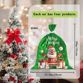39 * 51cm Large Size Xmas Gift Bags, QRTDXP 4pcs Christmas Drawstring Reusable Green Wrapping Bags with Cute Santa Claus for Xmas Present