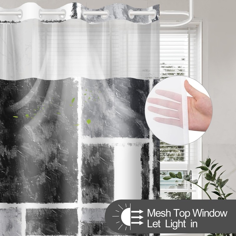 SSCRCUSLY No Hook Black Shower Curtain with Snap in Fabric