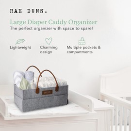 Rae Dunn Baby Diaper Caddy Organizer, Baby Stuff Storage Organizer for Nursery, Changing Table and Car, Portable Basket for Baby Items, Baby Shower Gifts, Grey Felt with Leather Handles, Large