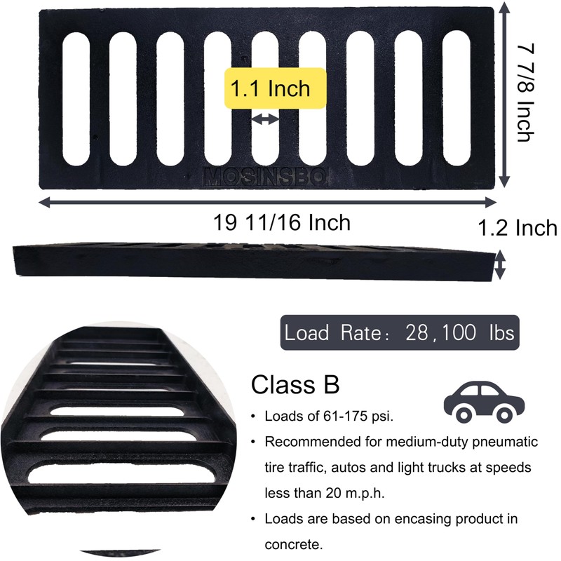 MASSLUNT Cast Iron Drain Grate, 20x8 Outdoor Drain Cover, B