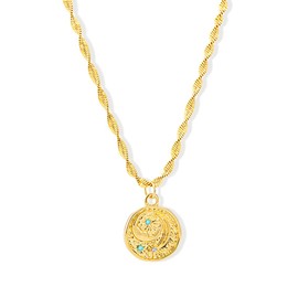 Montana West x Wrangler Gold Disc Pendant Necklace for Women, 18k Gold Plated Embossed Coin Classy Twisted Rope Lightweight Chain Dainty Jewelry WNS-1069GD