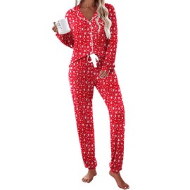 Ekouaer Pajamas Set Long Sleeve Sleepwear Womens Button Down Nightwear Soft Pjs with Pockets,Christmas,M