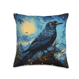 Starry Night Raven Black Crow Oil Painting Palette Knife Throw Pillow, 16x16, Multicolor