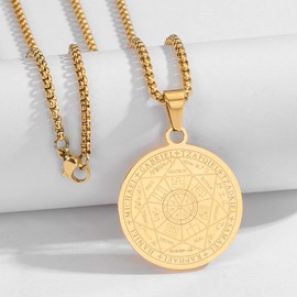 Yaumatea Seven Archangels Pendant Necklace For Men Women Protection Amulet Archangel Michael Coin Pendant Necklace Gabriel Uriel Spiritual Stainless Steel Medal Necklace 24 inches (Gold)