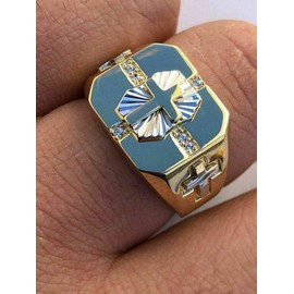 HarlemBling Solid 925 Sterling Silver - Men's Cross Ring W. 14k Gold Finish - Religious Christian Ring For Men - Pinky Or Any Finger Sz 7-13 Icy Diamond Cut (12)