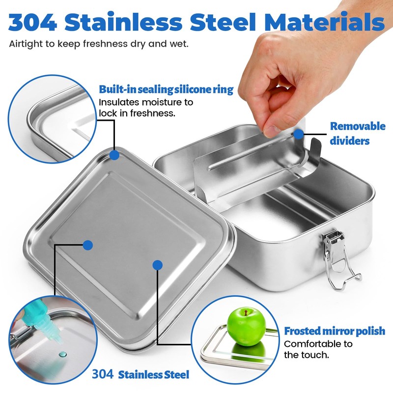 Large 1400ML Stainless Steel Food Containers, 304 Stainless Steel Food