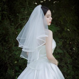[KQHOMEI] Wedding Veil, Bride Veil, Lace Flowers, Short Veil, Two-tier Veil, Comb Included, Gold Thread Wedding with Wavy Edge Comb, Photo, Cute Bowknot, yellow