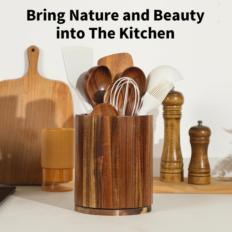 gorsent Wooden Utensil Holder, 360°Rotating 7.3'' Large Kitchen Utensil Holder