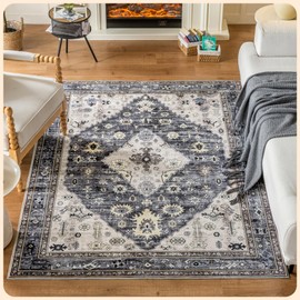 Istana Rugs 5x7 - Dark Grey Blue/Rose Mauve Rug - Foldable 5x7 Area Rugs Non Slip - Non Shedding Area Rugs 5x7 - Washable Rugs 5x7-5 x 7 Rugs w/Soft Microfiber - Eco Friendly Materials Area Rug