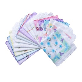 MemoryHanky Womens Girls Cotton Handkerchiefs Assorted with Wavy Edge Floral Hankies 10PCS