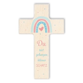 Wooden Cross "Du bist geborgen kleiner Schatz" | Heart Under the Rainbow | Christian Gift for Children Natural, 15 cm