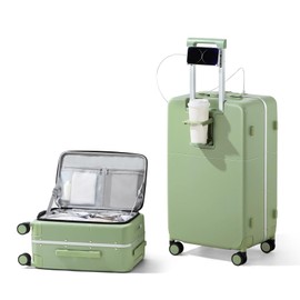 Hanke 24 Inch Checked Luggage,Top Opening Hard Shell Suitcases with Wheels,Hard Case Travel Luggage with TSA Lock and Cup Holder,Bamboo Green