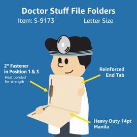 Top Tab Manila File Folders, Doctor Stuff, Reinforced Folder with Tab on Top, Full Cut, Two 2" Bonded Fastener on Inside Front and Back, 14 pt Manila Stock, Single Unit