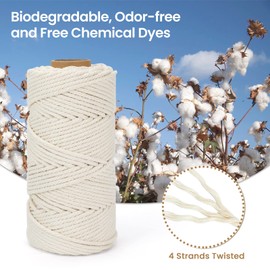 Macrame Cord 4mm x 109Yards (328Feet), Natural Cotton Macrame Rope - 4 Strands Twisted Macrame Cotton Cord for Wall Hanging, Plant Hangers, Crafts, Gift Wrapping and Wedding Decorations, Coffee