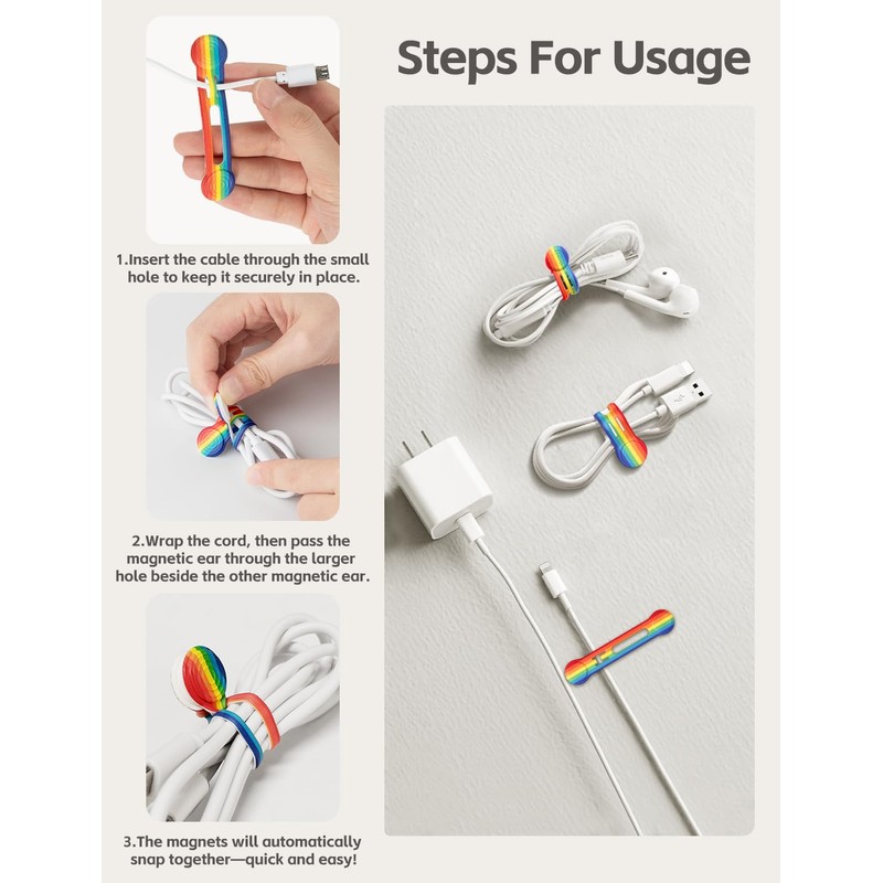 Maveek Magnetic Cable Ties Cord Organizer, 10 Pack Rainbow Silicone