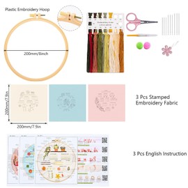 Embroidery Practice Kit with 8-inch Hoop, 30 Stitch Patterns, 3 Pre-Stamped Fabrics, Thread Kit and Tools, 20 x 20 cm