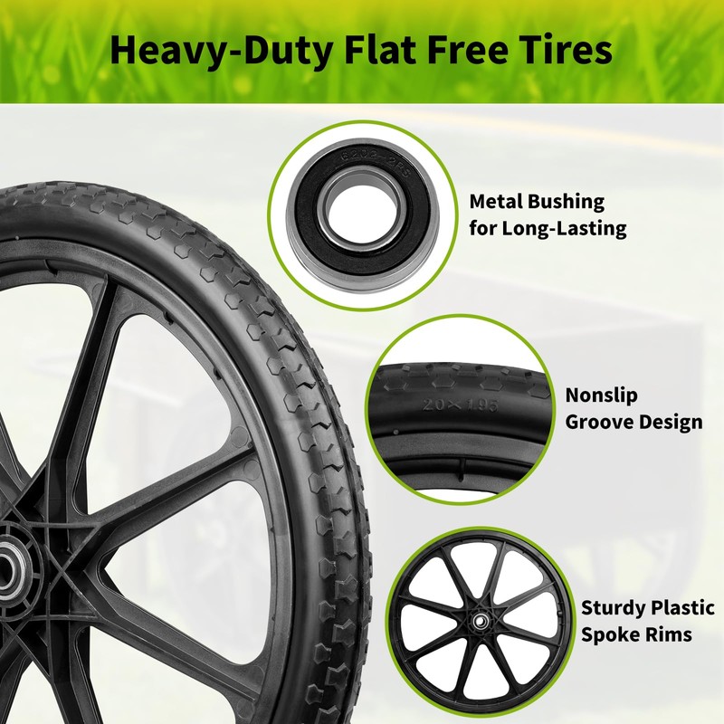 budrash 20" Wheelbarrow Wheels Fit for Rubbermaid, Flat Free Carts