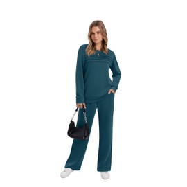 WIHOLL Women's Two Piece Sets Winter Long Sleeve Travel Outfits Trendy Lounge Tracksuit Fall Wide Leg Sweatpants Matching Sweat Set Blue XL